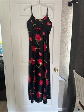 Black Floral Slip Maxi Dress with Red Tulip Print